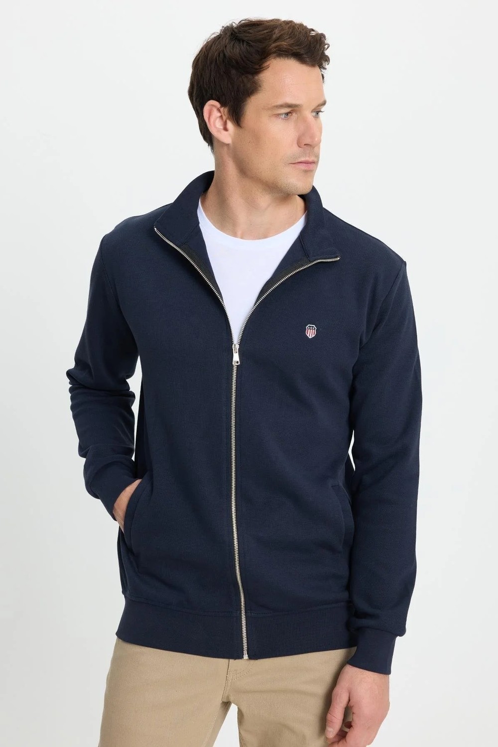 Tudors Erkek Slim Fit Dar Kesim Pamuklu Tam Fermuarlı Çift Cepli Dik Yaka Lacivert Sweatshirt Hırka görsel 5