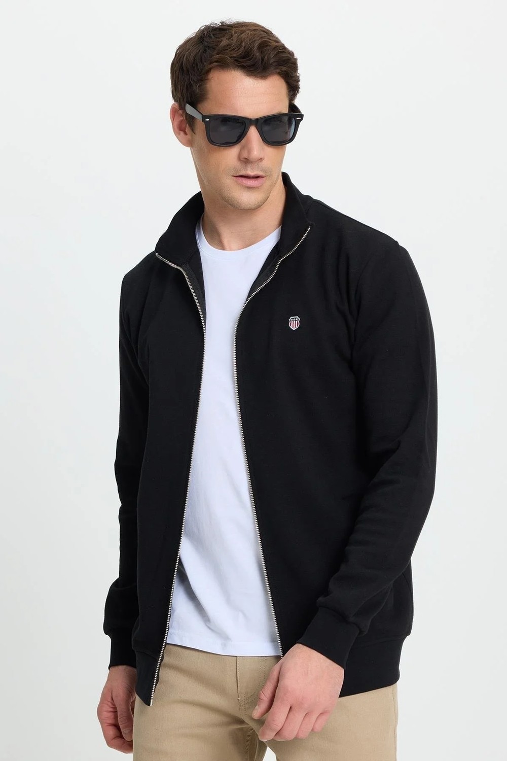 Tudors Erkek Slim Fit Dar Kesim Pamuklu Tam Fermuarlı Çift Cepli Dik Yaka Siyah Sweatshirt Hırka