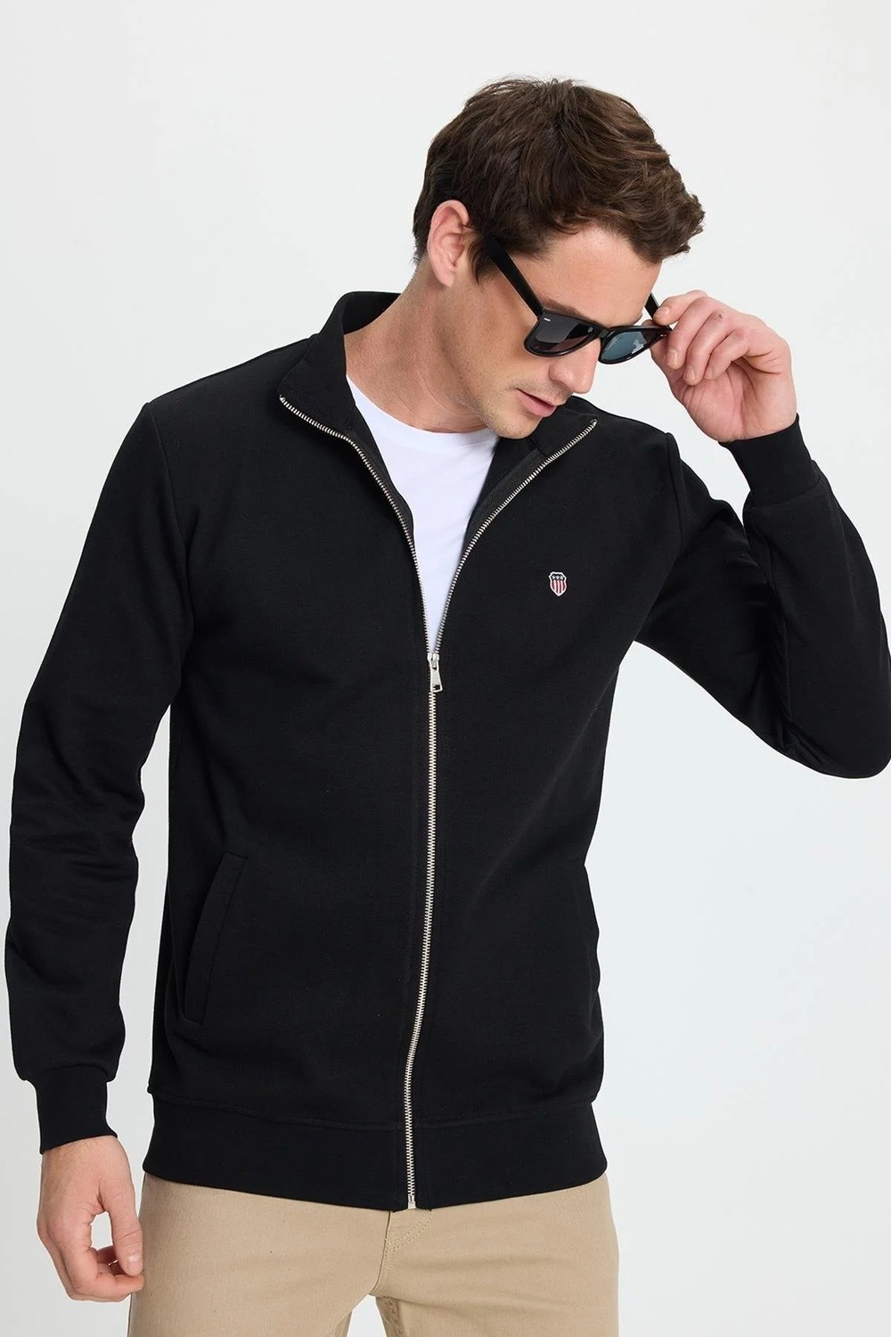 Tudors Erkek Slim Fit Dar Kesim Pamuklu Tam Fermuarlı Çift Cepli Dik Yaka Siyah Sweatshirt Hırka görsel 2