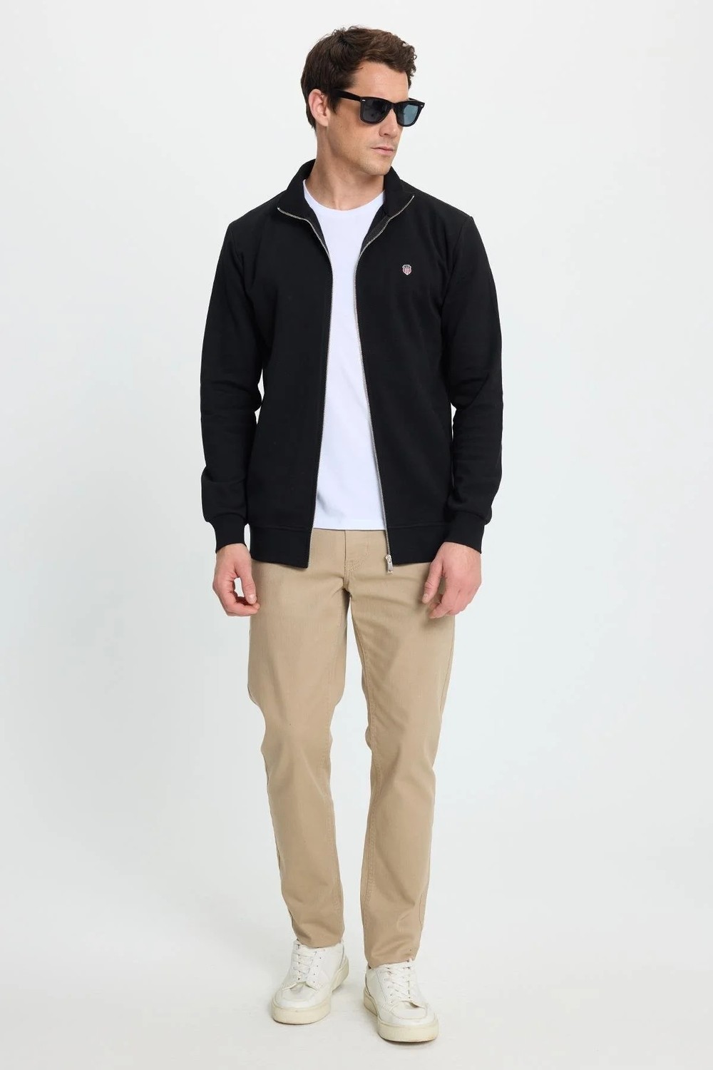 Tudors Erkek Slim Fit Dar Kesim Pamuklu Tam Fermuarlı Çift Cepli Dik Yaka Siyah Sweatshirt Hırka görsel 4