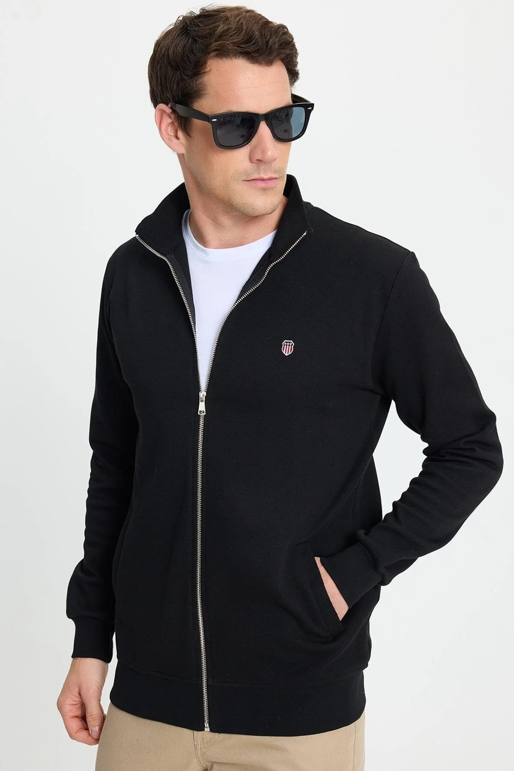 Tudors Erkek Slim Fit Dar Kesim Pamuklu Tam Fermuarlı Çift Cepli Dik Yaka Siyah Sweatshirt Hırka görsel 5