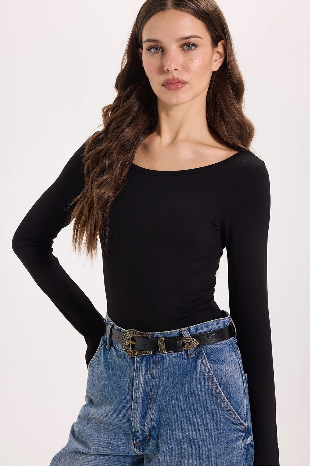Tudors Kadın Slim Fit Dar Kesim Uzun Kollu Viskon Siyah Bluz