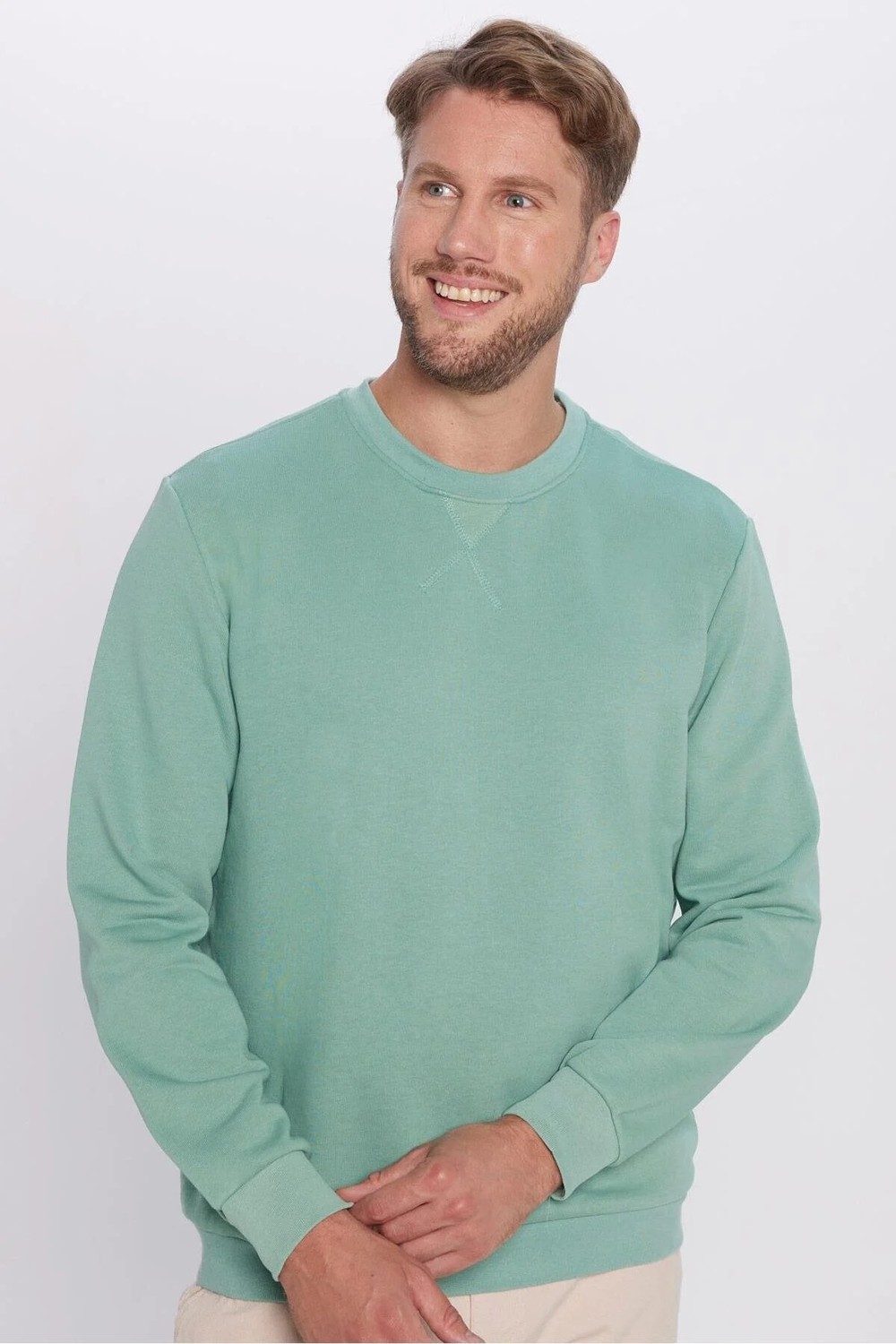 Tudors Unisex Oversize Geniş Kesim Pamuklu Basic Yeşil Bisiklet Yaka Sweatshirt