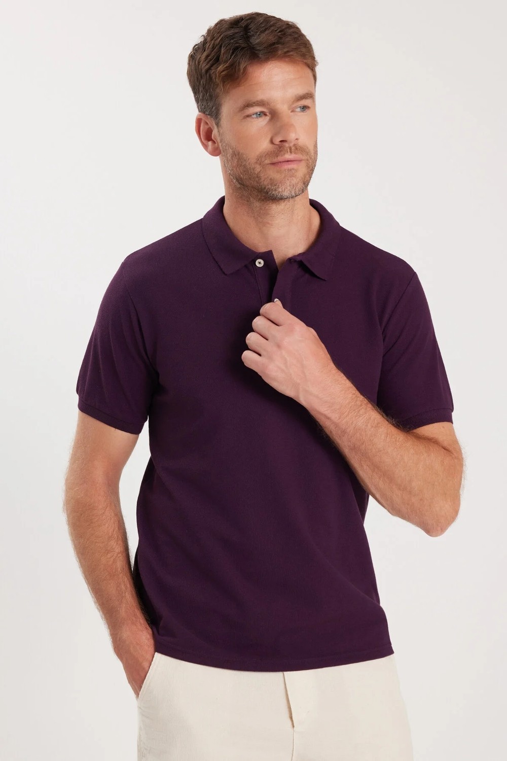 Tudors Erkek Slim Fit Dar Kesim Pamuklu Yumuşak Dokulu Serin Tutan Kumaş Düz Pike Mürdüm Polo Yaka Tişört