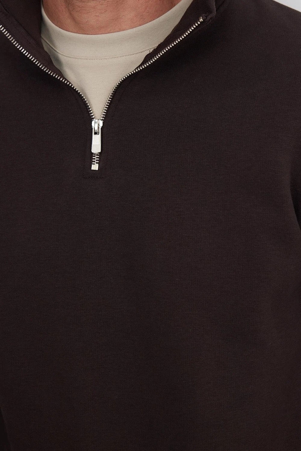 Tudors Unisex Relax Fit Rahat Kesim Pamuklu İçi Polarlı Yarım Fermuarlı Kahverengi Dik Yaka Sweatshirt görsel 3