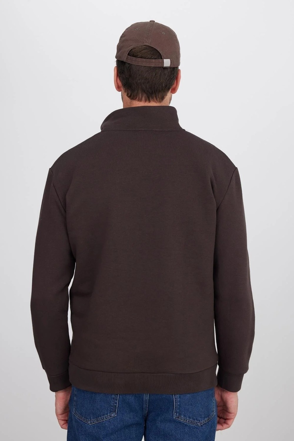 Tudors Unisex Relax Fit Rahat Kesim Pamuklu İçi Polarlı Yarım Fermuarlı Kahverengi Dik Yaka Sweatshirt görsel 7