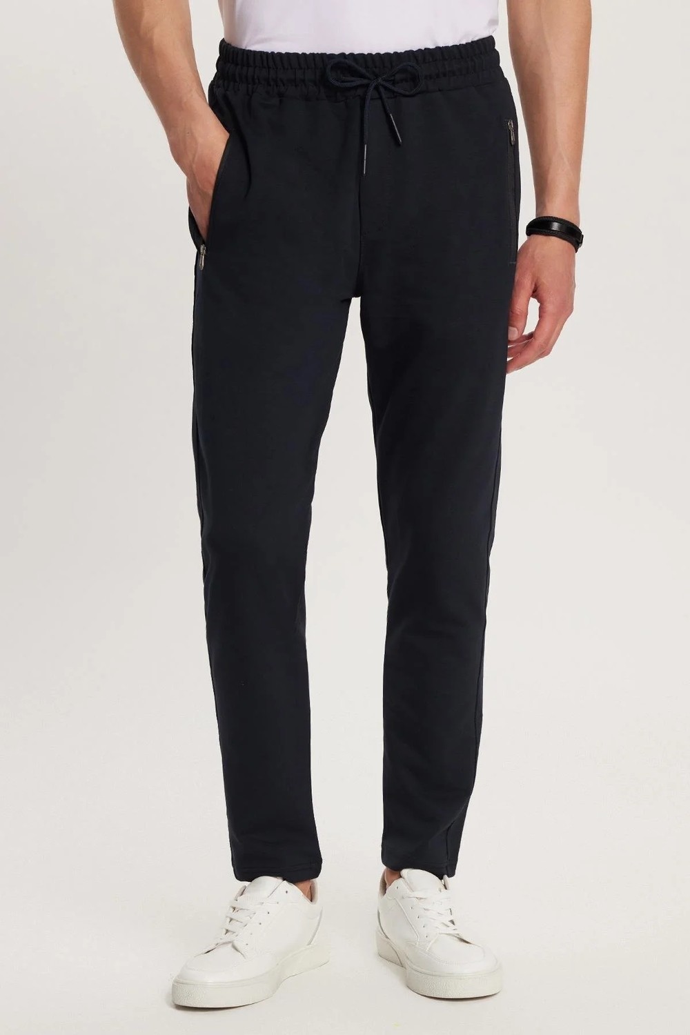 Tudors Unisex Standart Fit Pamuklu 2 İplik Fermuar Cepli Lastikli Bağlamalı Düz Paça Lacivert Eşofman Altı görsel 6