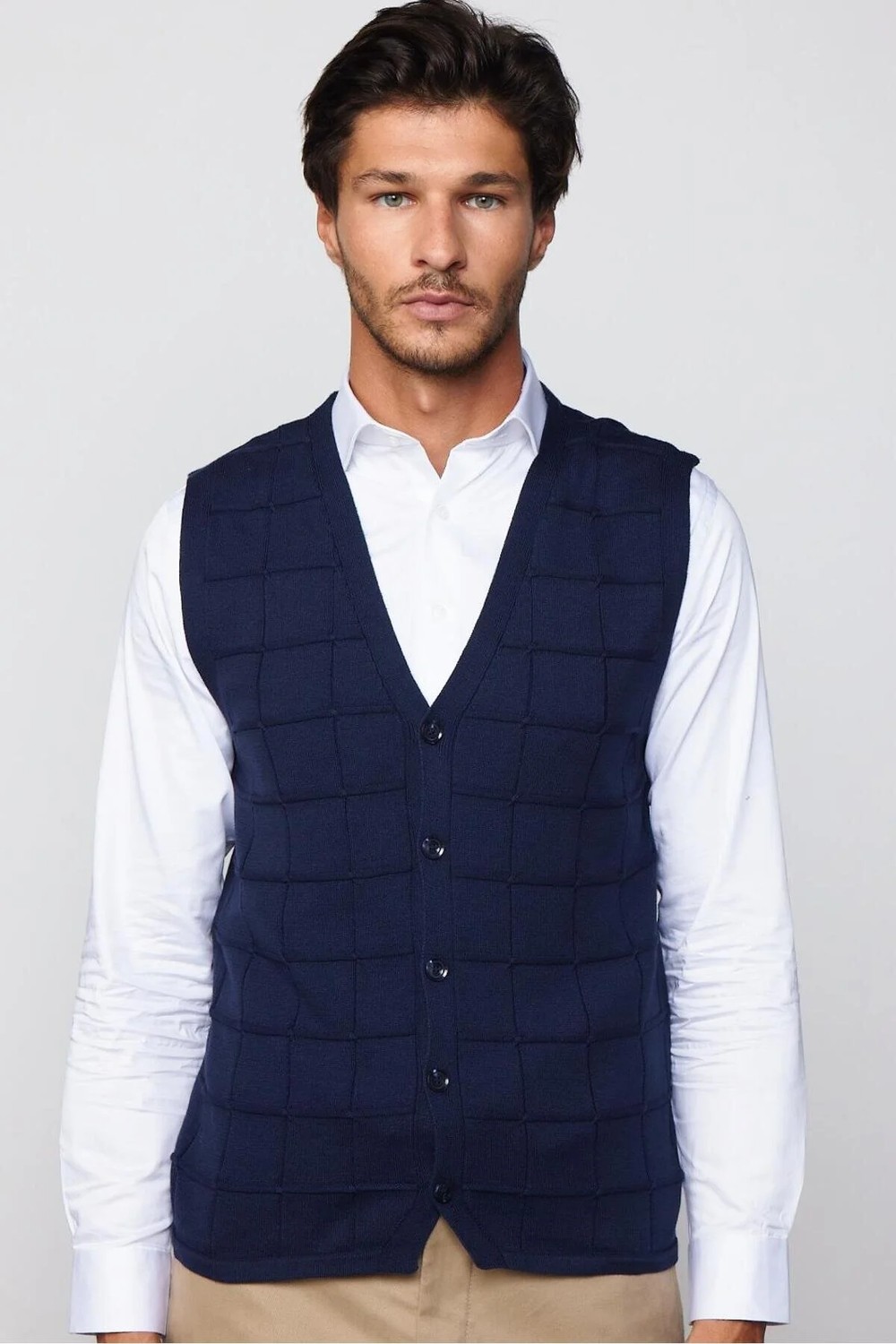 Tudors Slim Fit Kare Desenli Lacivert Erkek Yelek görsel 3