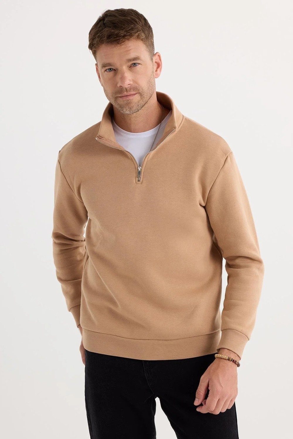 Tudors Unisex Relax Fit Rahat Kesim Pamuklu İçi Polarlı Yarım Fermuarlı Bordo Dik Yaka Sweatshirt
