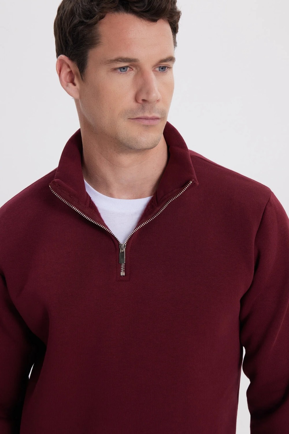 Tudors Unisex Relax Fit Rahat Kesim Pamuklu İçi Polarlı Yarım Fermuarlı Bordo Dik Yaka Sweatshirt