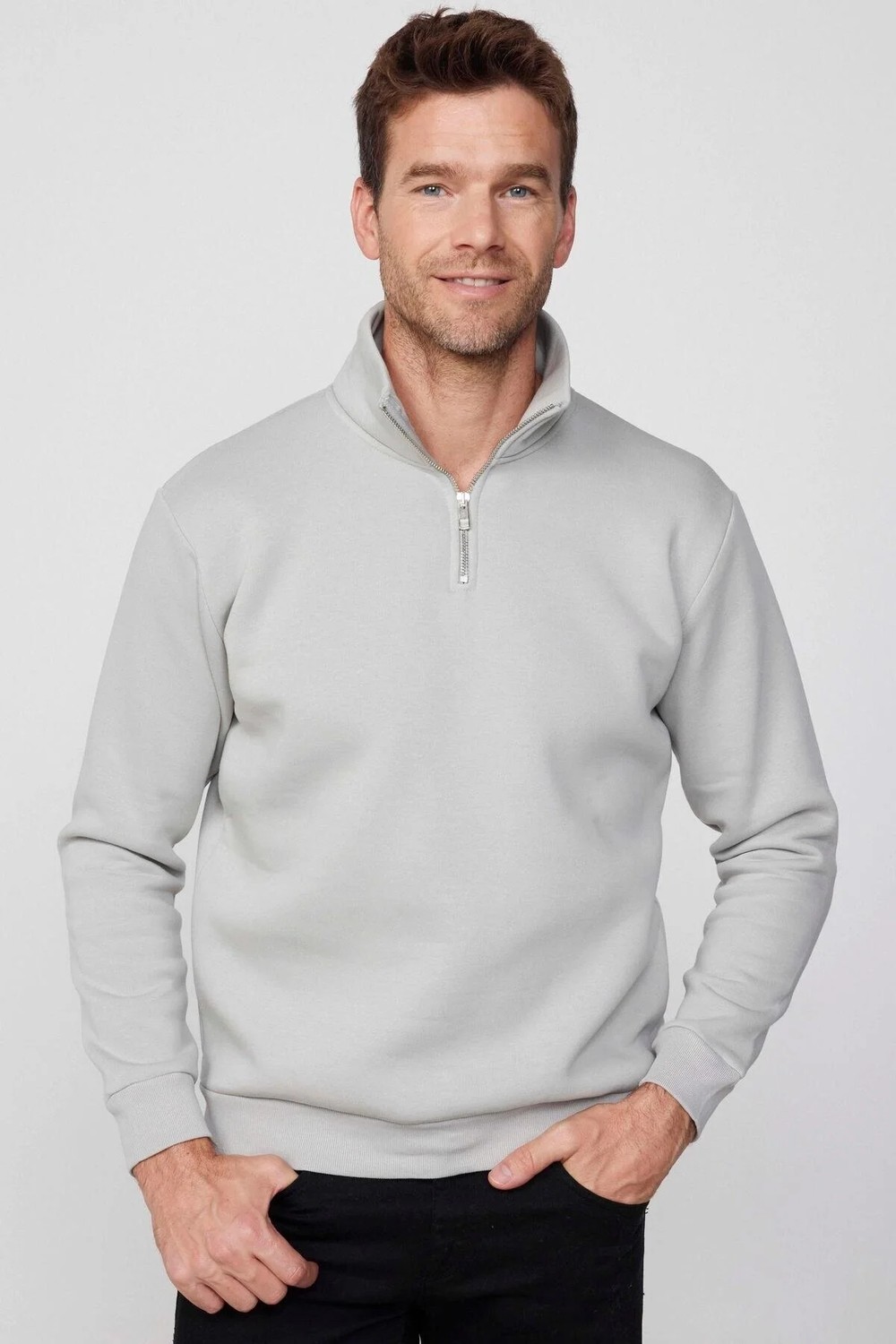 Tudors Unisex Relax Fit Rahat Kesim Pamuklu İçi Polarlı Yarım Fermuarlı Taş Renk Dik Yaka Sweatshirt