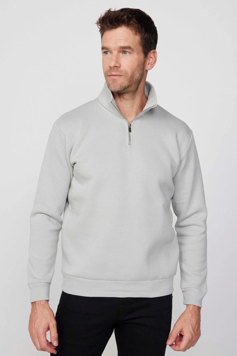 Tudors Unisex Relax Fit Rahat Kesim Pamuklu İçi Polarlı Yarım Fermuarlı Taş Renk Dik Yaka Sweatshirt görsel 2