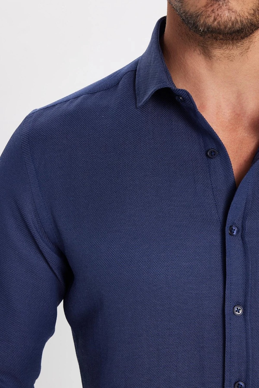 Tudors Erkek Slim Fit Dar Kesim Uzun Kollu Pamuklu Kolay Ütü Armürlü Lacivert Gömlek görsel 4