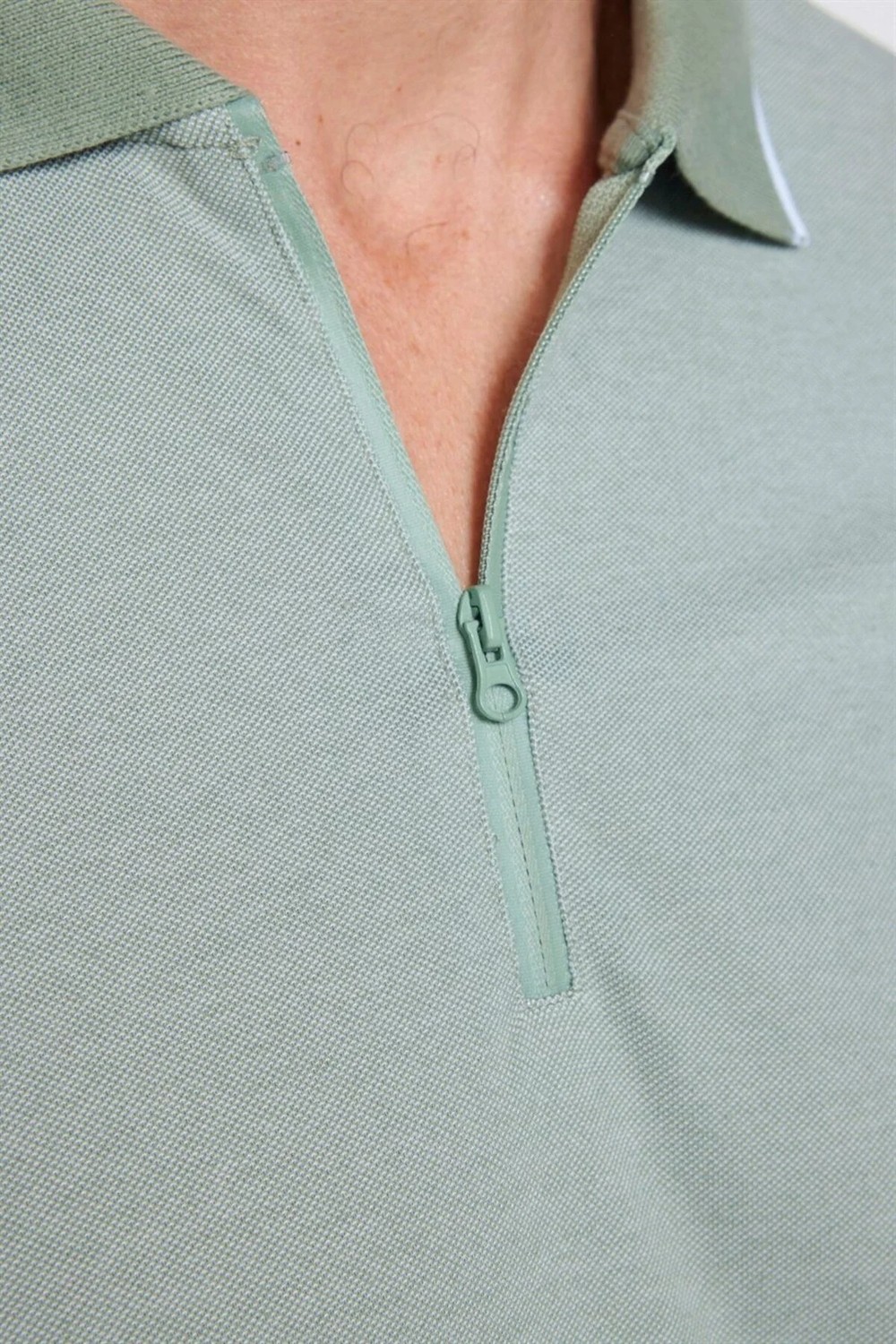 Tudors Erkek Slim Fit Dar Kesim Pamuklu Fermuarlı Mint Polo Yaka Tişört görsel 3