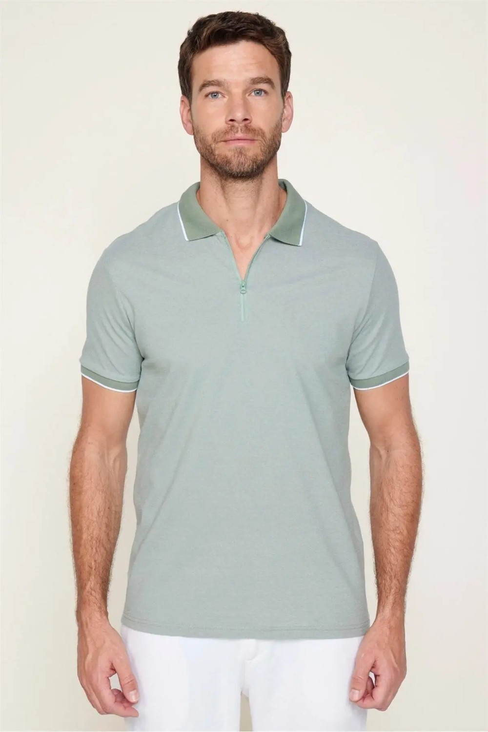 Tudors Erkek Slim Fit Dar Kesim Pamuklu Fermuarlı Mint Polo Yaka Tişört görsel 4