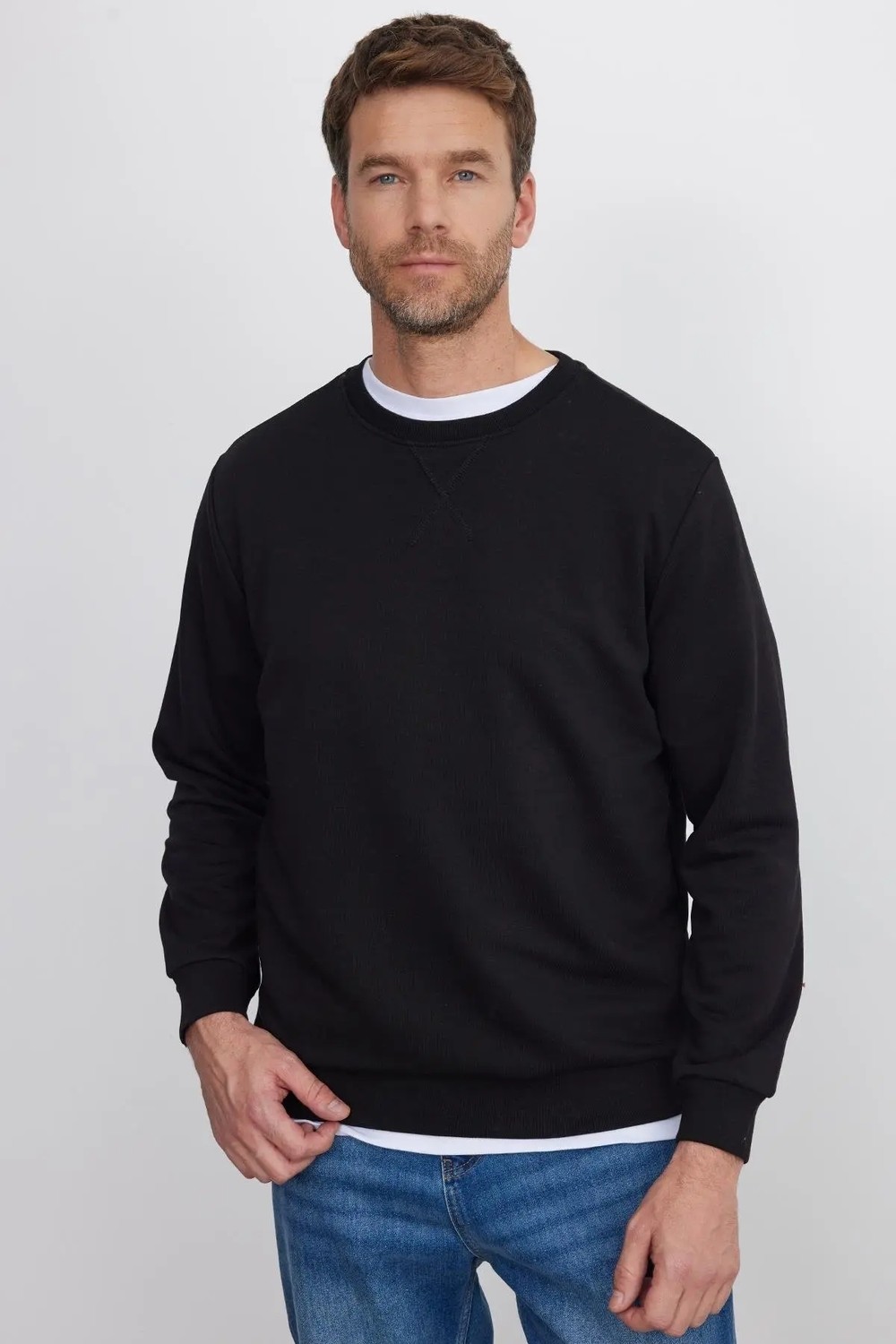 Tudors Unisex Relax Fit Rahat Kesim %100 Pamuk 3 İplik Basic Siyah Bisiklet Yaka Sweatshirt