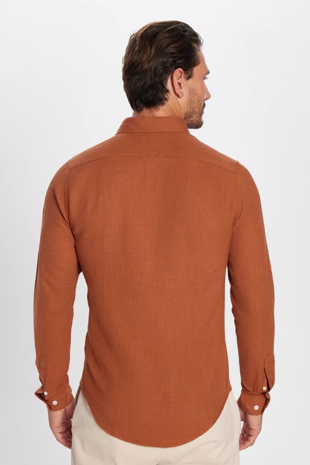 Tudors Erkek Slim Fit Dar Kesim Uzun Kollu %100 Pamuk Keten Doku Düğmeli Yaka Kiremit Renk Gömlek görsel 6