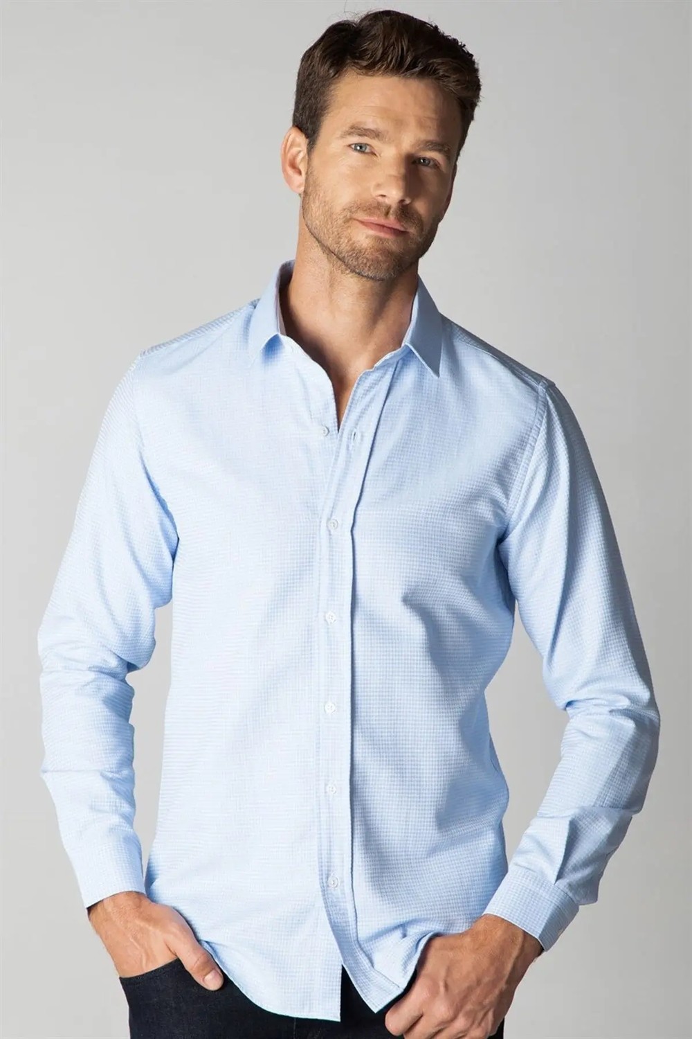Tudors Modern Slim Fit Uzun Kollu Pamuklu Kolay Ütü Armürlü Erkek Mavi Gömlek görsel 6
