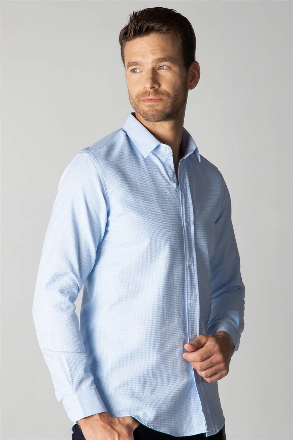 Tudors Modern Slim Fit Uzun Kollu Pamuklu Kolay Ütü Armürlü Erkek Mavi Gömlek görsel 7