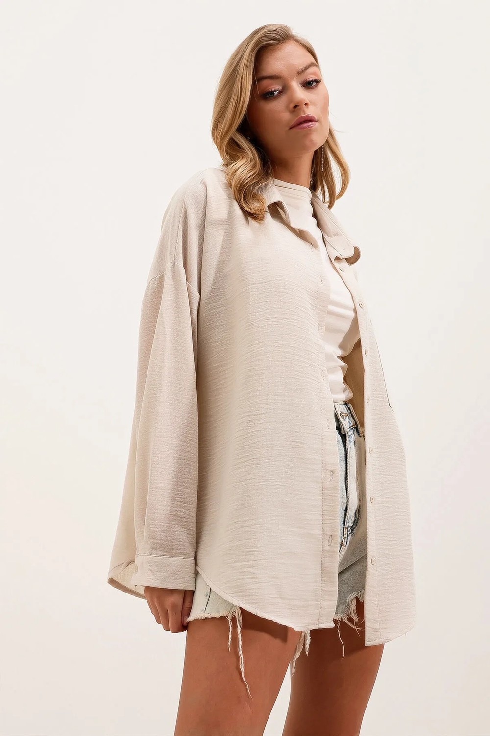Bigdart 20153 Tek Cepli Oversize Keten Gömlek - Saks görsel 7