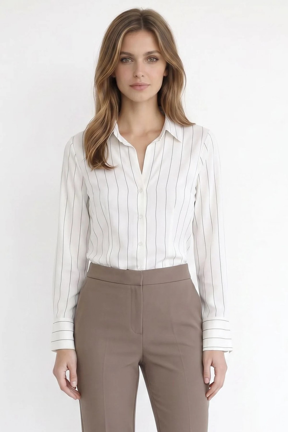 Tudors Kadın Slim Fit Dar Kesim Çizgili Viskon Yumuşak Dokulu Uzun Kollu Pensli Ekru Gömlek