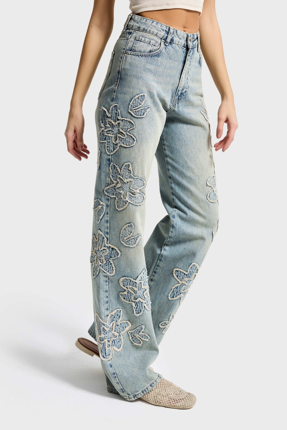 It's Basic Kadın Kot Rengi 4s6-67 Straight Fit Yüksek Bel Nakış Detaylı Özel Tasarım Denim Jean