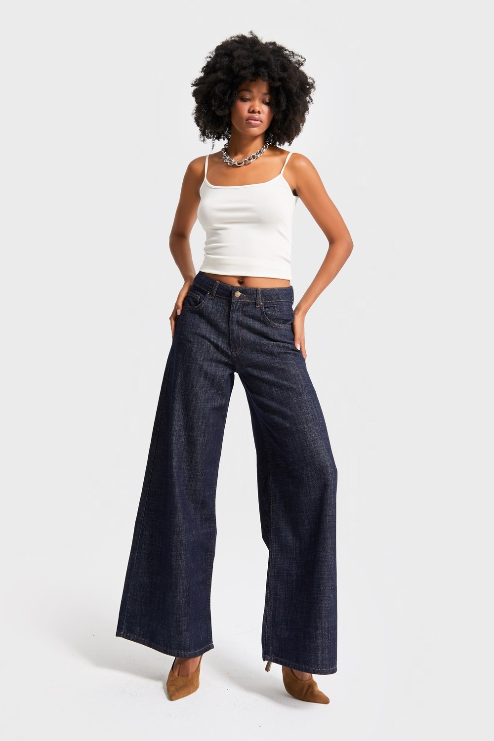 It's Basic Kadın Indigo Renk 7W5-50 Palazzo Fit %100 Koton Dökümlü Kumaş Denim Jean görsel 2