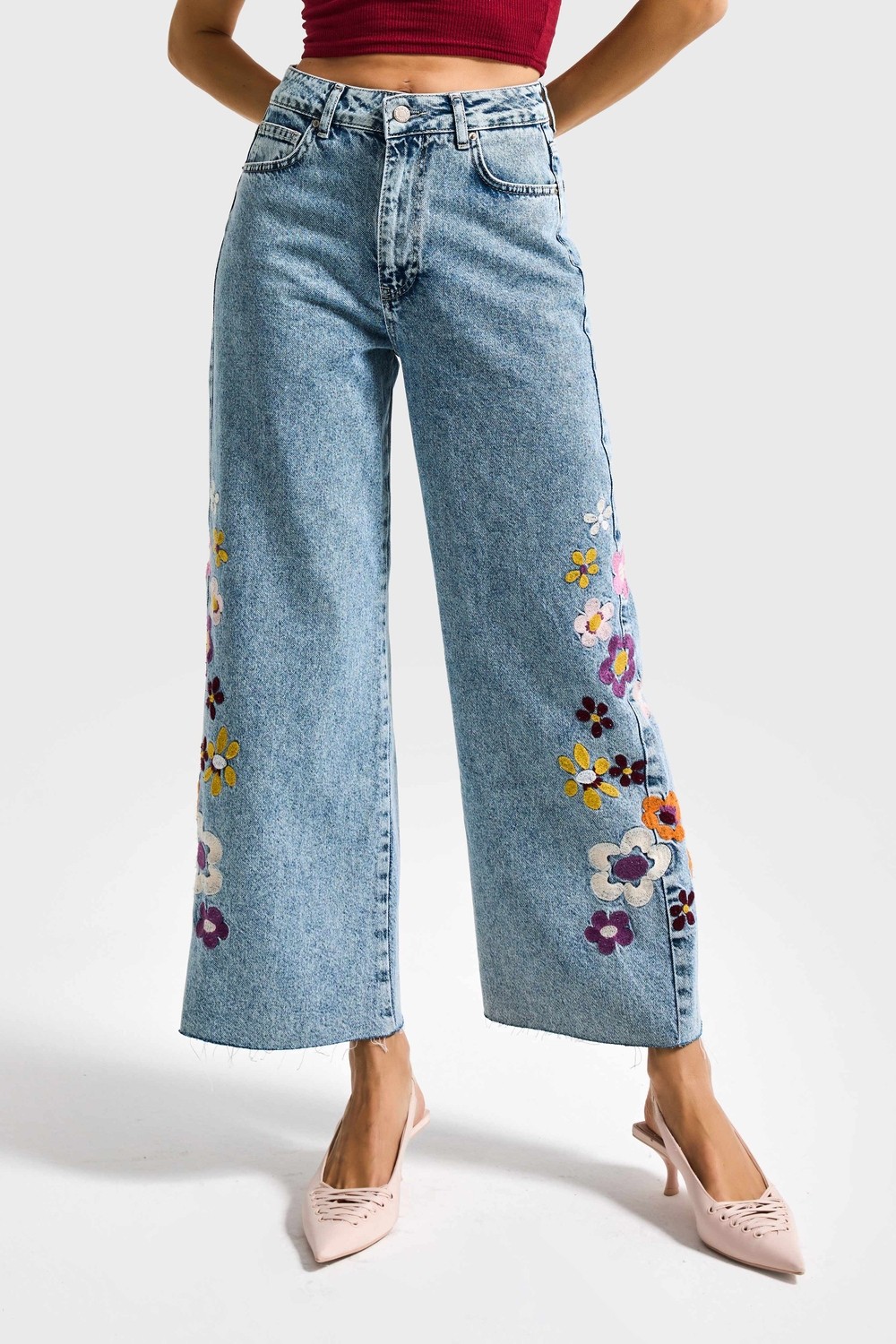 It's Basic Kadın Snow Kot Rengi Çiçek Nakışlı Culotte Fit Tasarım Denim Jean