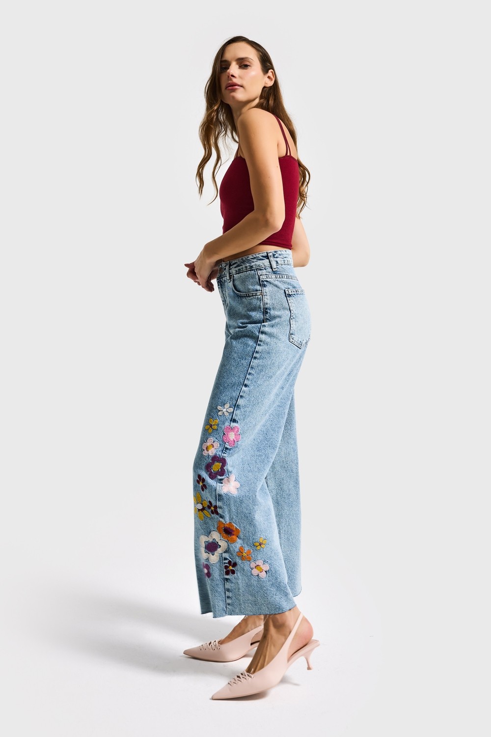 It's Basic Kadın Snow Kot Rengi Çiçek Nakışlı Culotte Fit Tasarım Denim Jean görsel 4