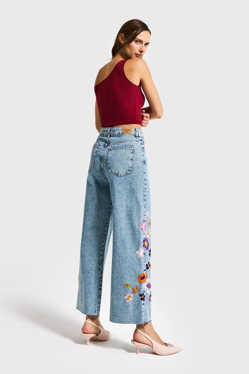 It's Basic Kadın Snow Kot Rengi Çiçek Nakışlı Culotte Fit Tasarım Denim Jean görsel 5