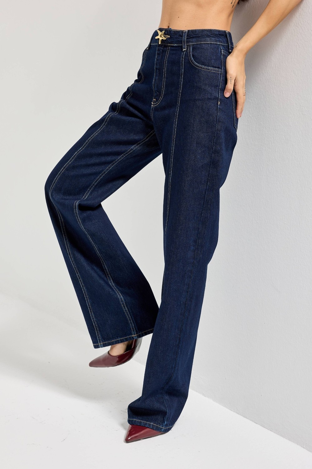 It's Basic Kadın Indigo Renk 7s6-50 Straight Fit Yüksek Bel Düğme Detaylı Denim Jean görsel 2