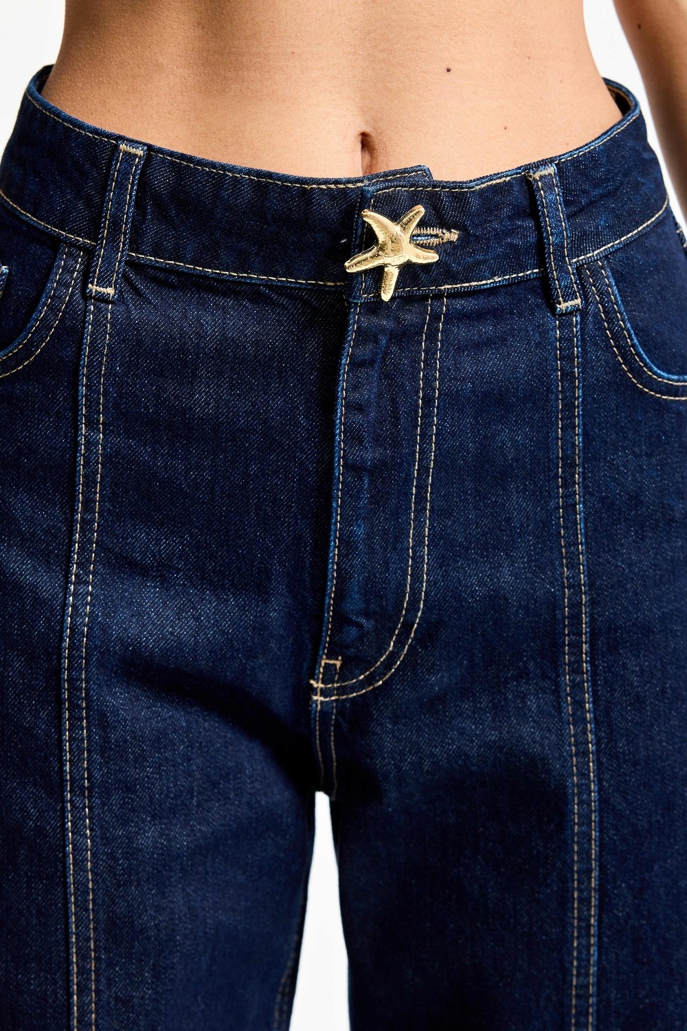 It's Basic Kadın Indigo Renk 7s6-50 Straight Fit Yüksek Bel Düğme Detaylı Denim Jean görsel 3