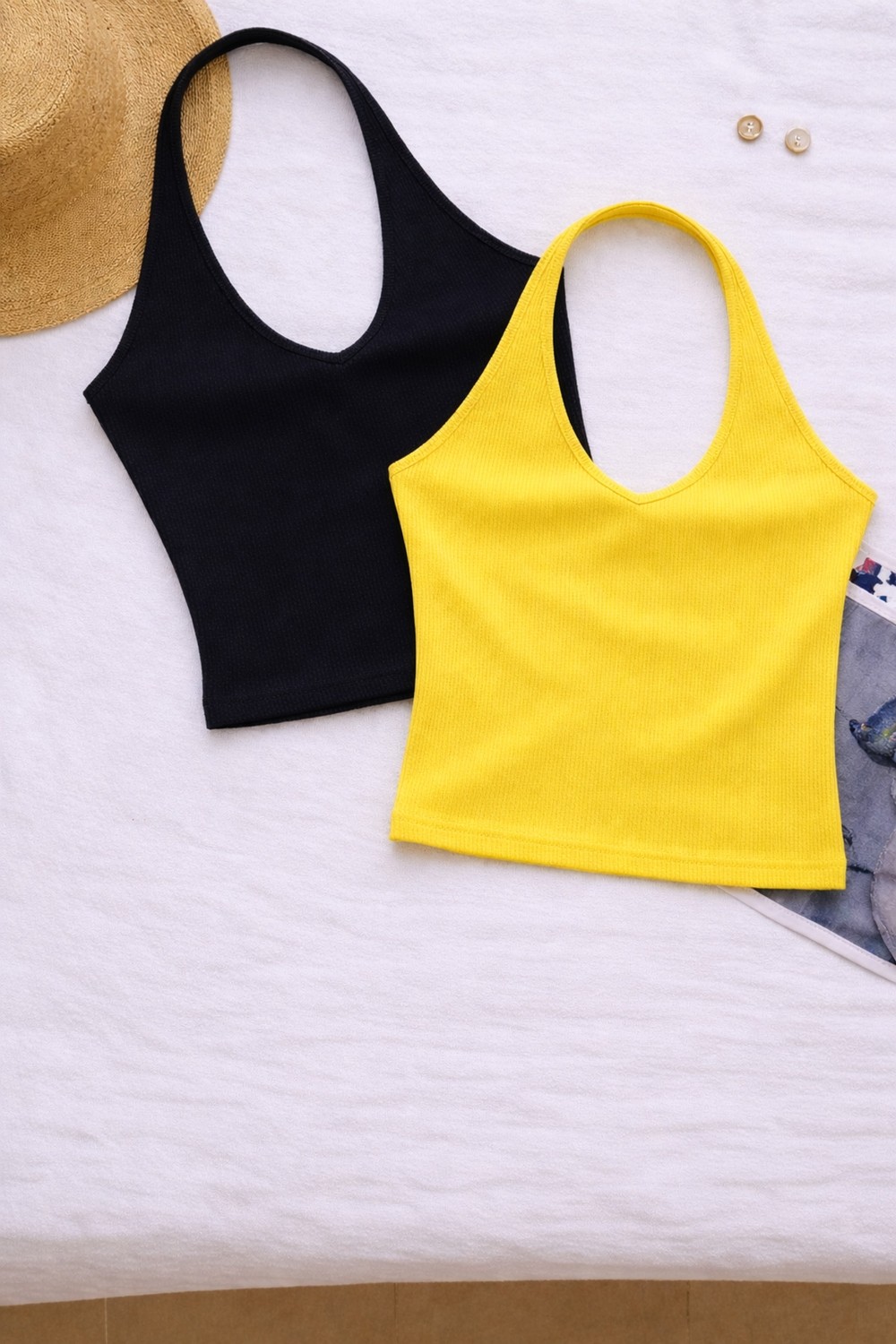 Öz Pamuk Kadın Çapraz Halter Yaka Kolsuz 2 Li Fitilli Crop Basıc Atlet Bluz