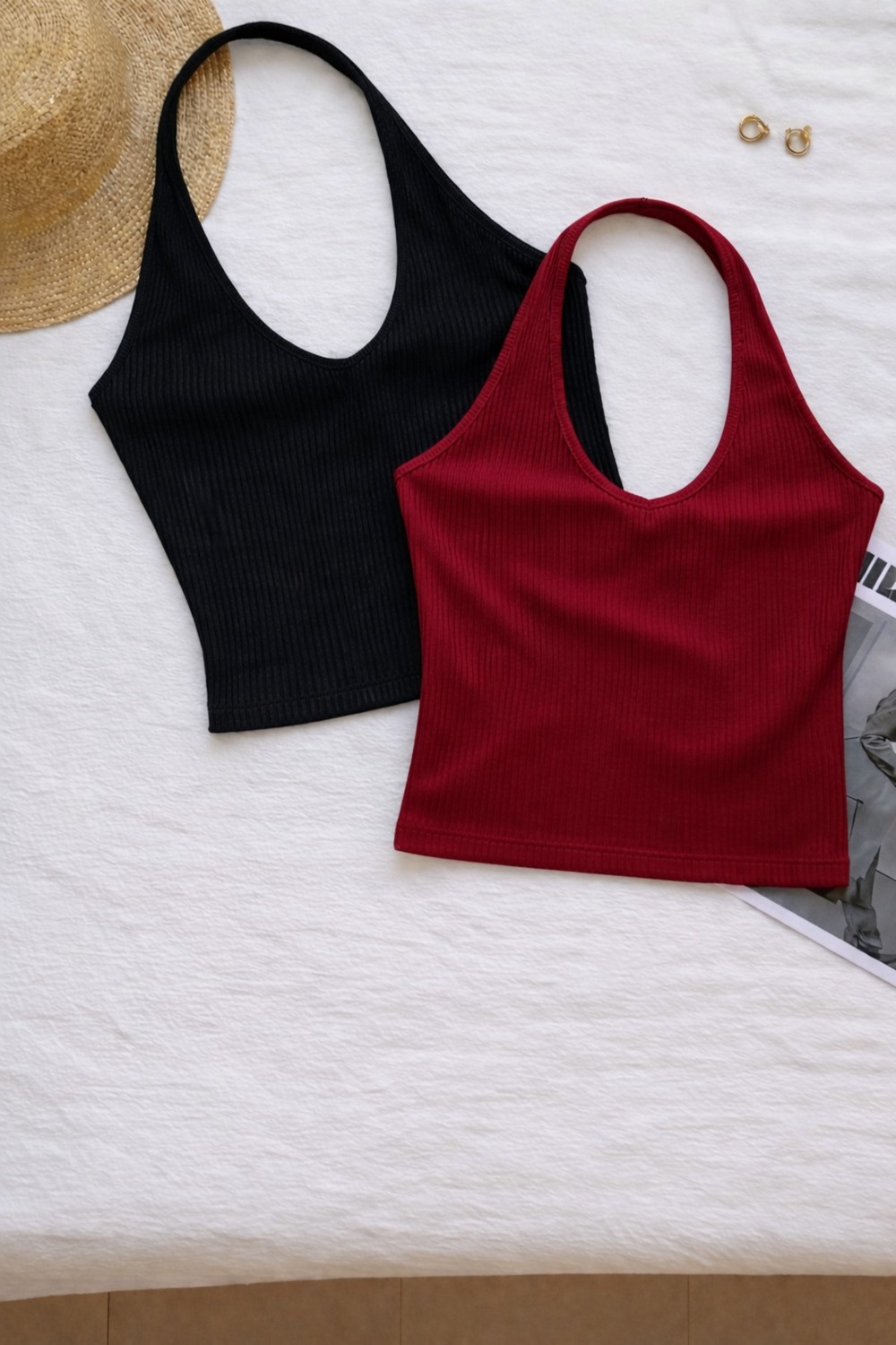 Öz Pamuk Kadın Çapraz Halter Yaka Kolsuz 2 Li Fitilli Crop Basıc Atlet Bluz