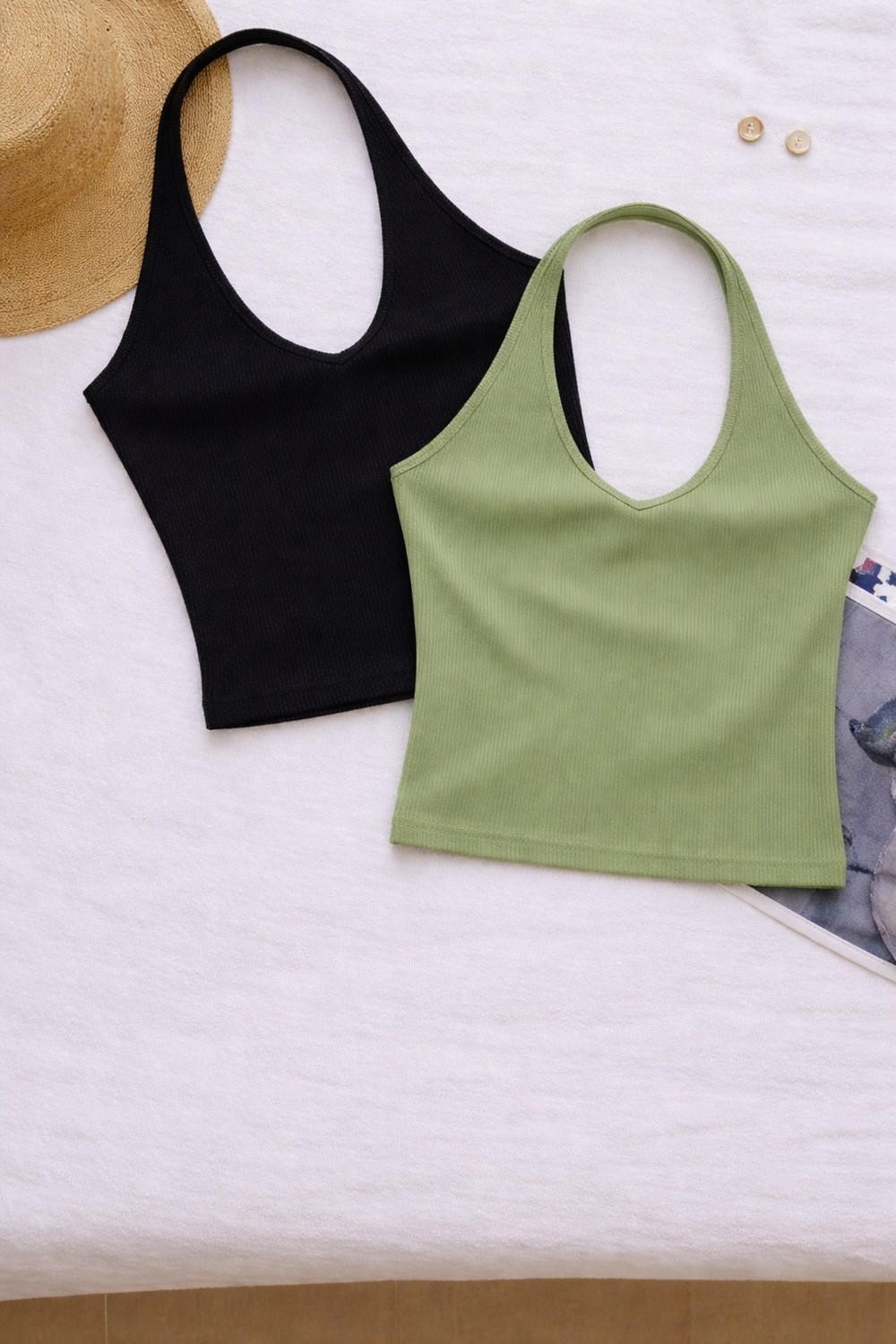 Öz Pamuk Kadın Çapraz Halter Yaka Kolsuz 2 Li Fitilli Crop Basıc Atlet Bluz