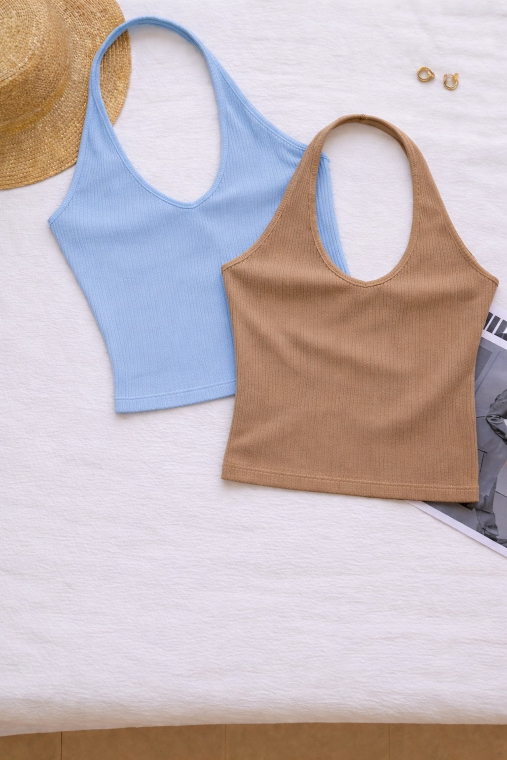 Öz Pamuk Kadın Çapraz Halter Yaka Kolsuz 2 Li Fitilli Crop Basıc Atlet Bluz