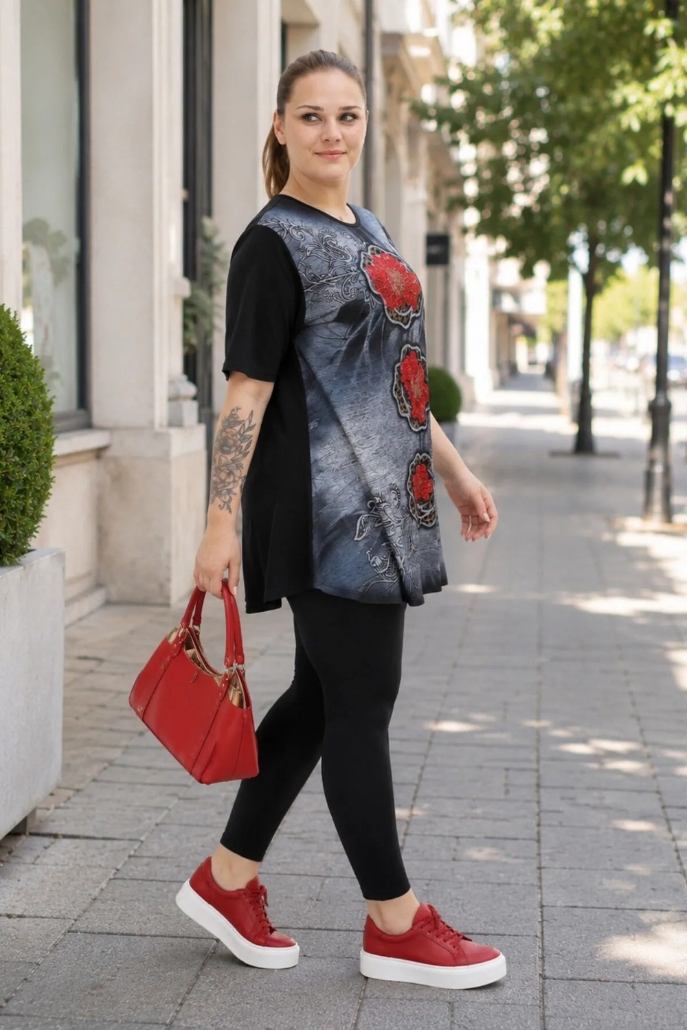 Cedy Denim Cedy Denım Siyah Tunik Tayt Takımı Viskon Kumaş Dijital Baskı Taş Detaylı C6002 2'li Takım görsel 4
