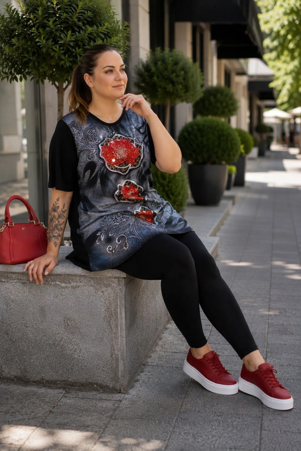 Cedy Denim Cedy Denım Siyah Tunik Tayt Takımı Viskon Kumaş Dijital Baskı Taş Detaylı C6002 2'li Takım görsel 6