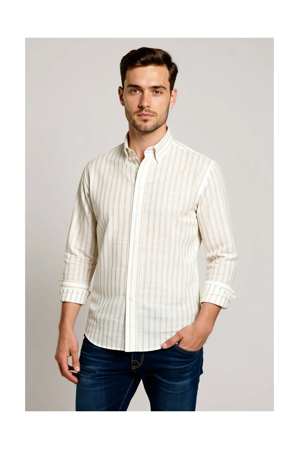 D'S Damat Ds Damat Slim Fit Gri Çizgili %100 Pamuk Yazlık Keten Gömlek 0HC02ORT06265 görsel 5