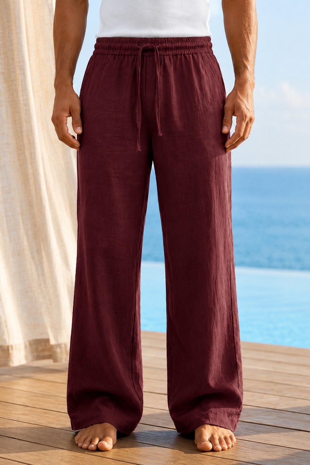 Tarz Cool Erkek Müslin Keten Karışımlı Rahat Kalıp Beli Lastikli Bağcıklı Yazlık Pantolon