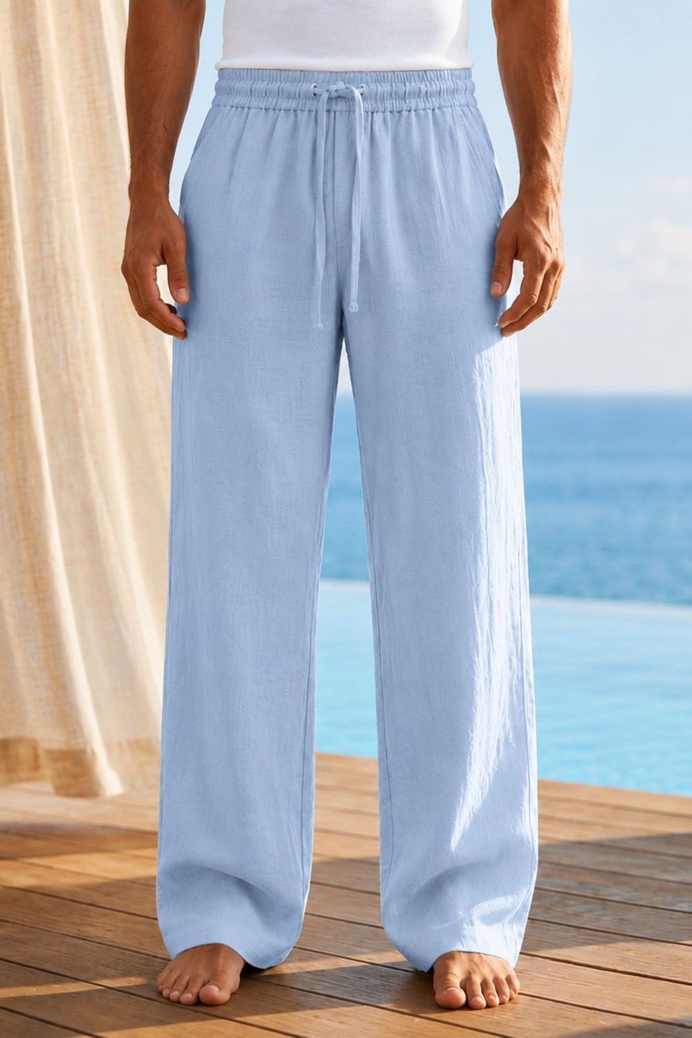 Tarz Cool Erkek Müslin Keten Karışımlı Rahat Kalıp Beli Lastikli Bağcıklı Yazlık Pantolon