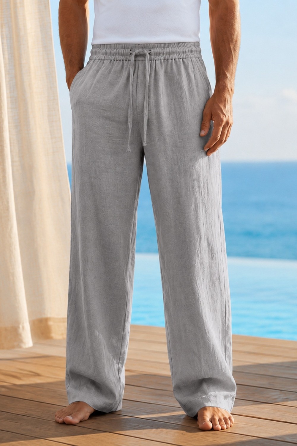 Tarz Cool Erkek Müslin Keten Karışımlı Rahat Kalıp Beli Lastikli Bağcıklı Yazlık Pantolon