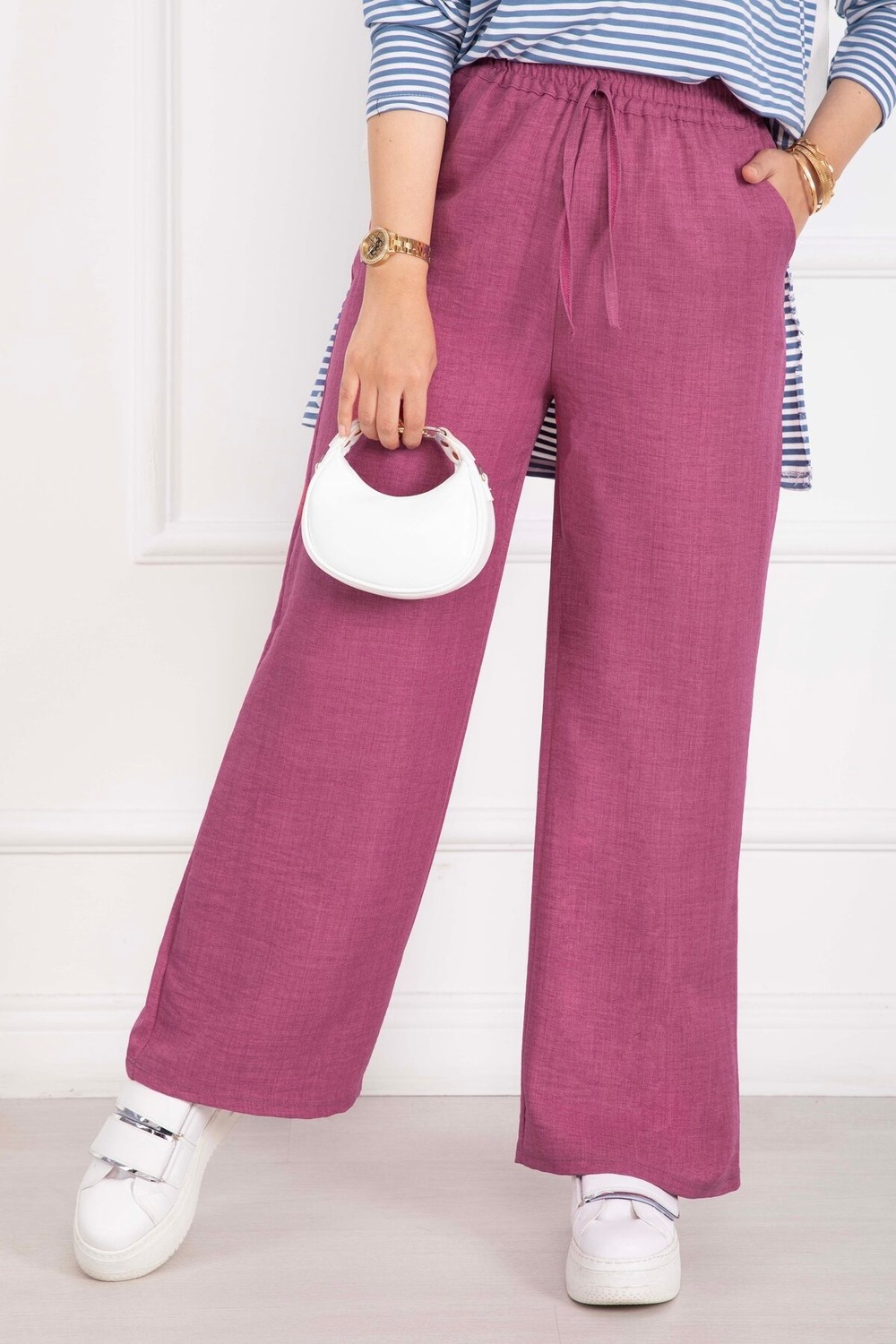 Ebru Tesettür Beli Lastikli Keten Pantolon Pembe görsel 2