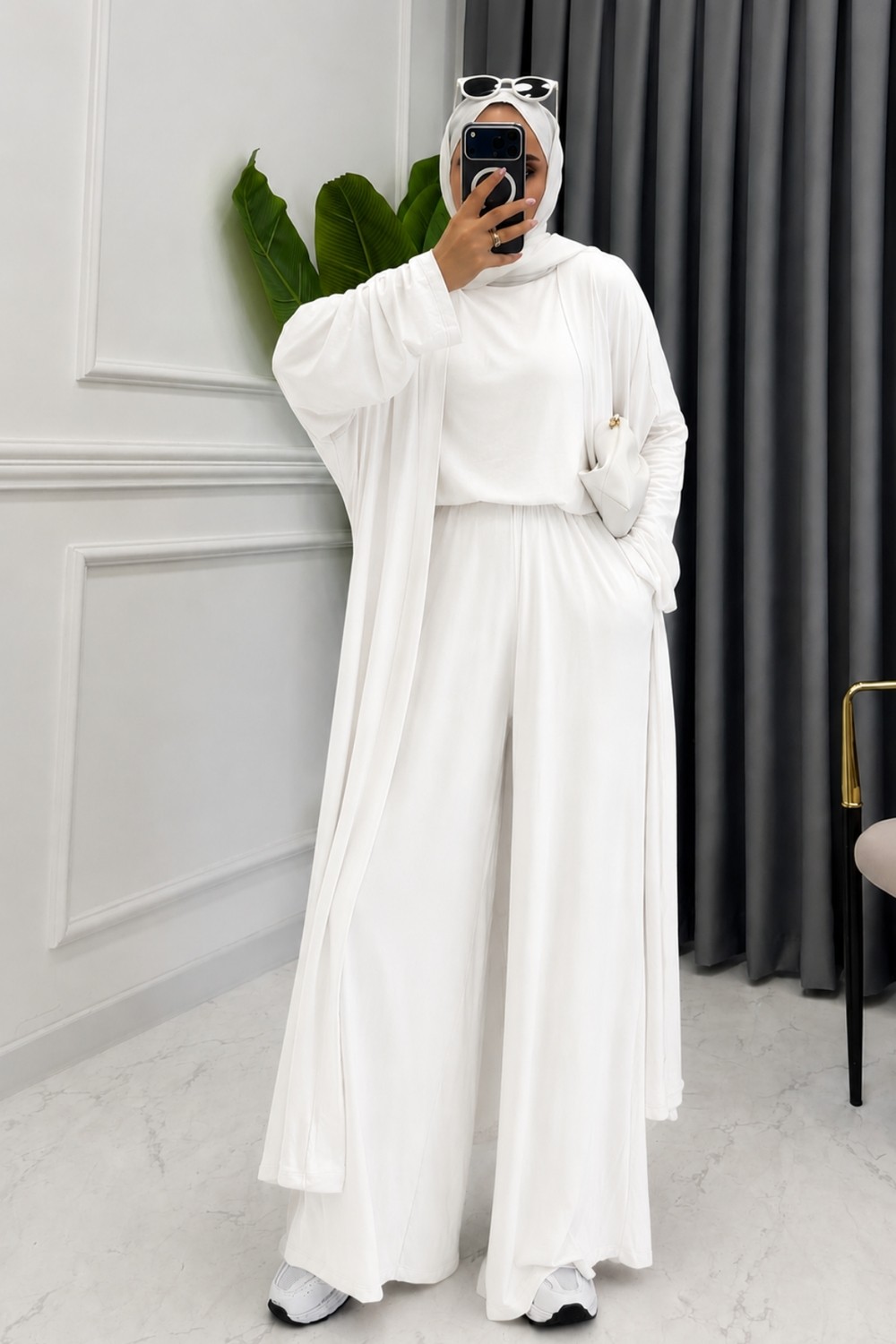 Balenbi Kadın Penye Uzun Hırka Bluz Geniş Paça Pantolon Abaya Takım 1217 görsel 2