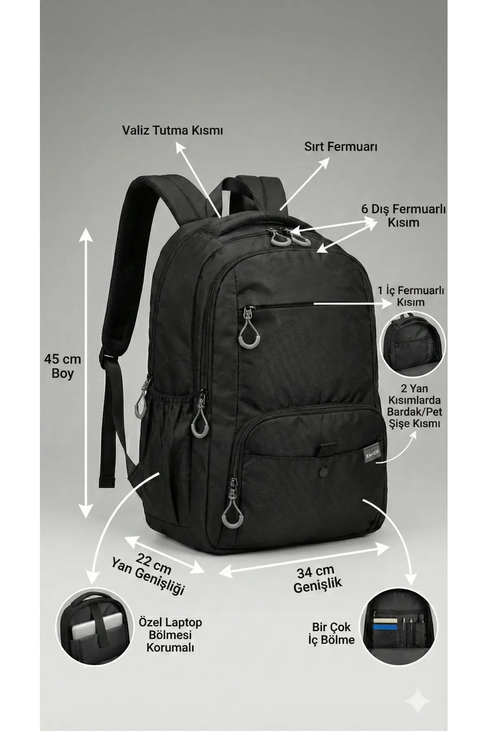Sargınlar 45X34X22 Unisex Çok Bölmeli Laptop Bölmeli Seyahat Sırt Çantası, Suya Dayanıklı, Valiz A görsel 6