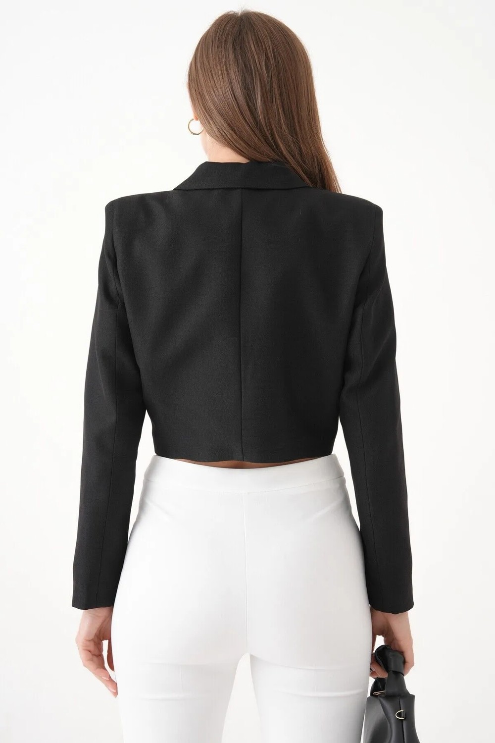 Saade Siyah Kruvaze Crop Blazer Ceket Kadın %100 Pamuk Dokuma Kumaş Hafif ve Rahat görsel 6