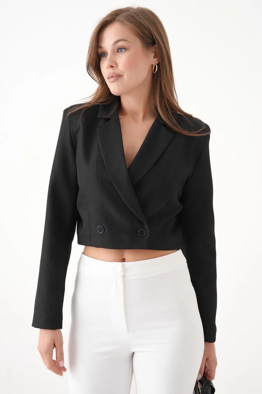 Saade Siyah Kruvaze Crop Blazer Ceket Kadın %100 Pamuk Dokuma Kumaş Hafif ve Rahat görsel 7
