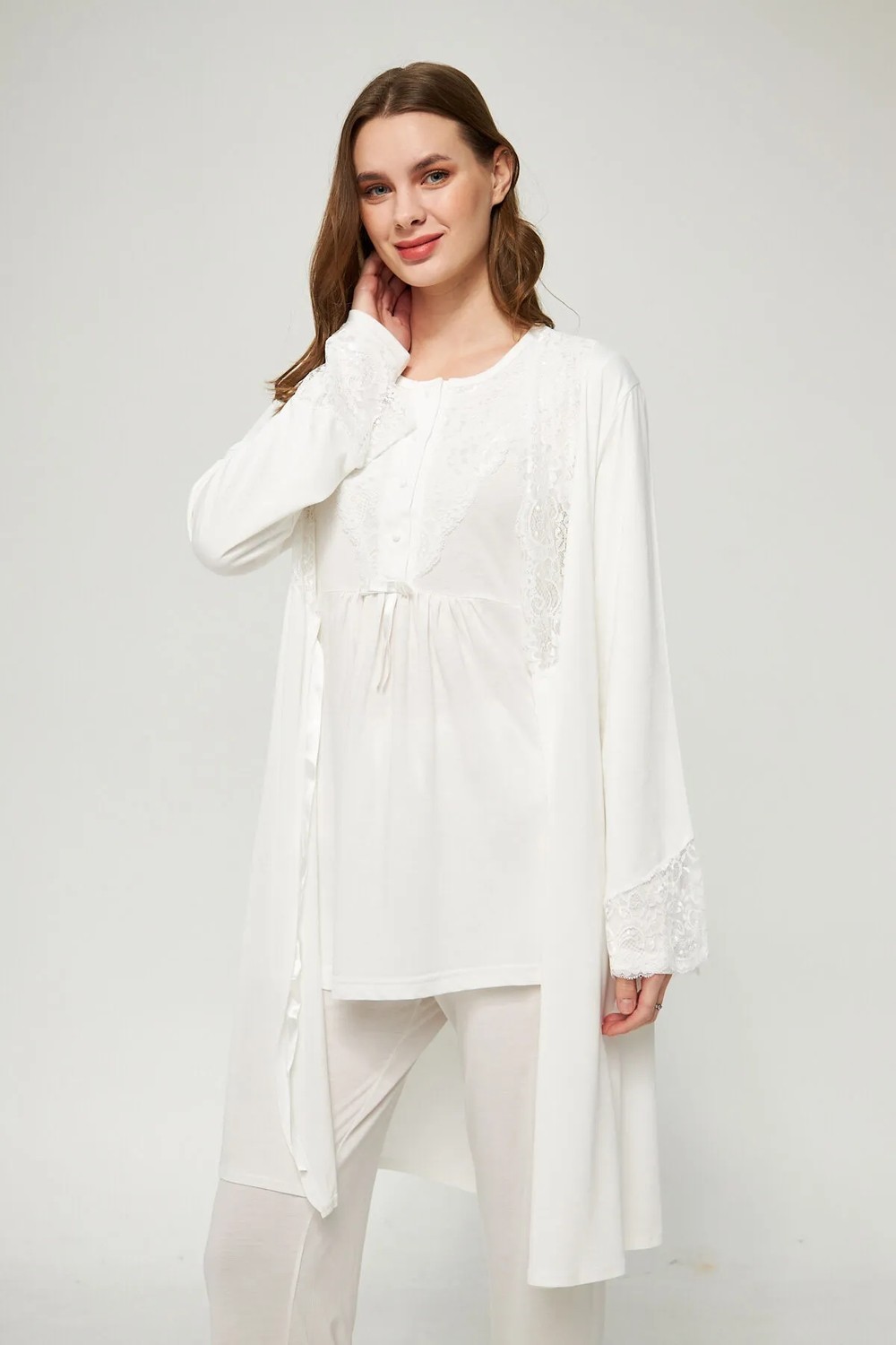 Lorian's Ekru Kadın Hamile ve Lohusa Pijama Takımı 3'lü Set görsel 7