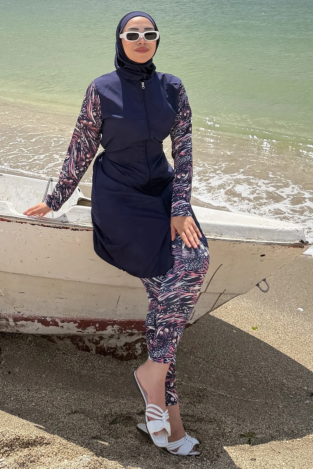 Hafsa Mina Ebru Desenli Tesettür Mayo Tam Takım Lacivert HM2924