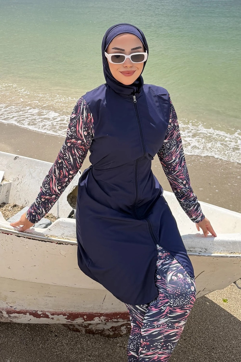 Hafsa Mina Ebru Desenli Tesettür Mayo Tam Takım Lacivert HM2924 görsel 8